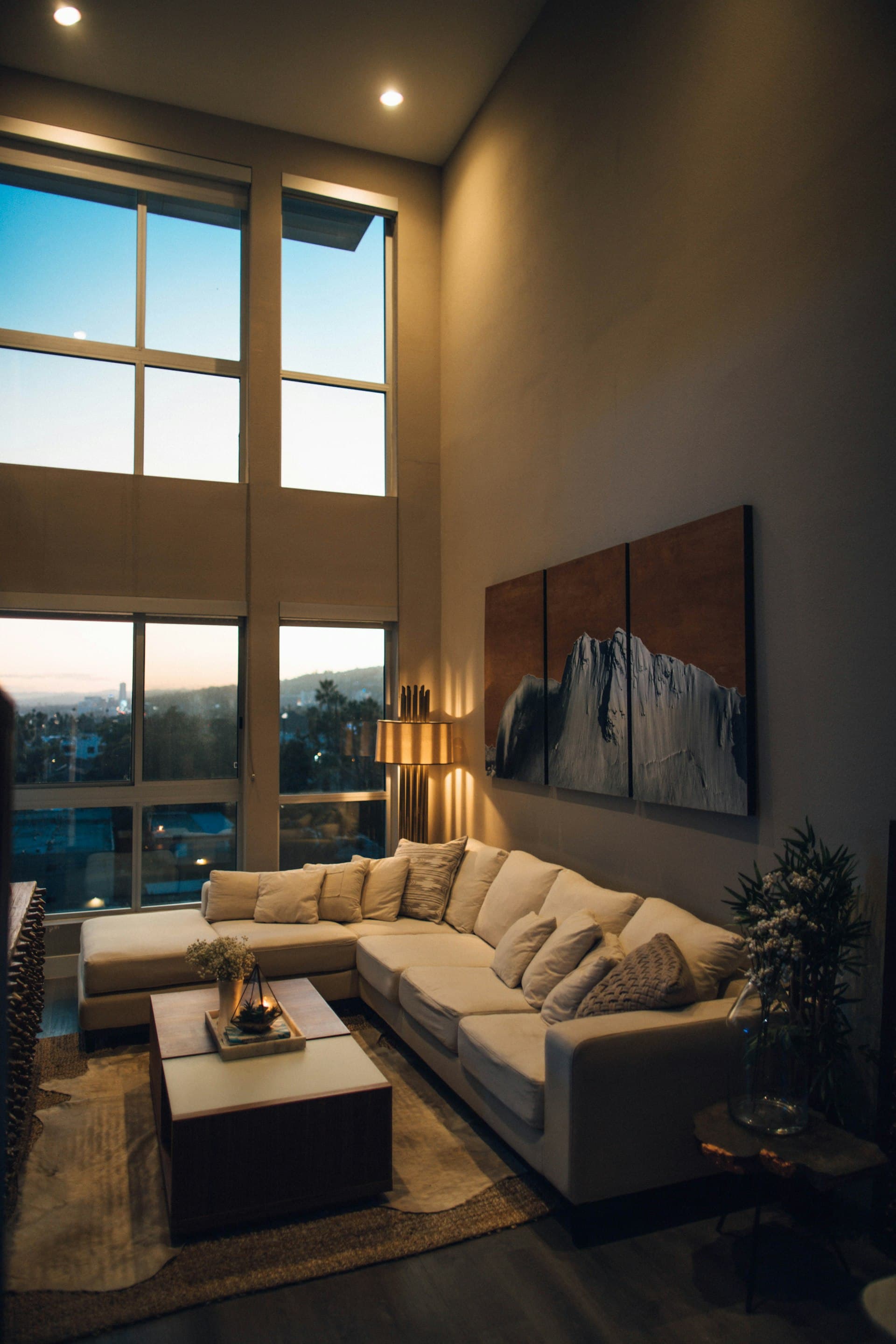 Luxury apartment interior with warm gold lighting